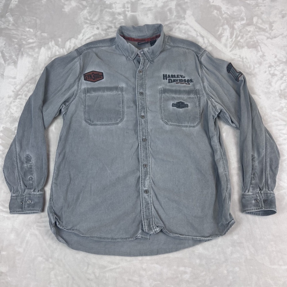 Vintage Harley Davidson Shirt Mens XL Gray Faded Iron Block Button Up Grunge Y2K